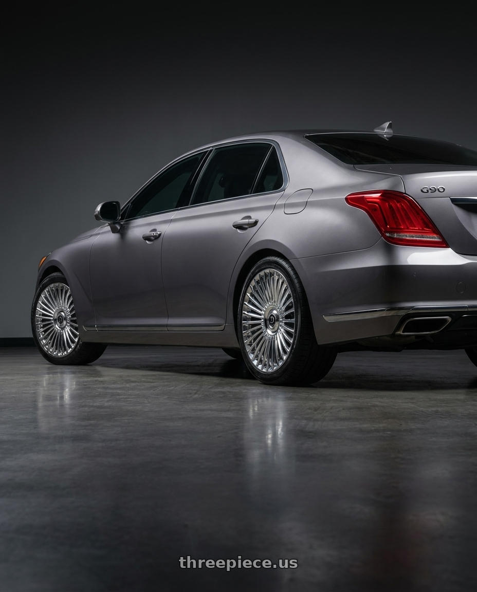 2018 genesis g90 with DOLCE LUXURY TRENTO 5x108 20x9 +35 Chrome wheels rear three quarter view square tires