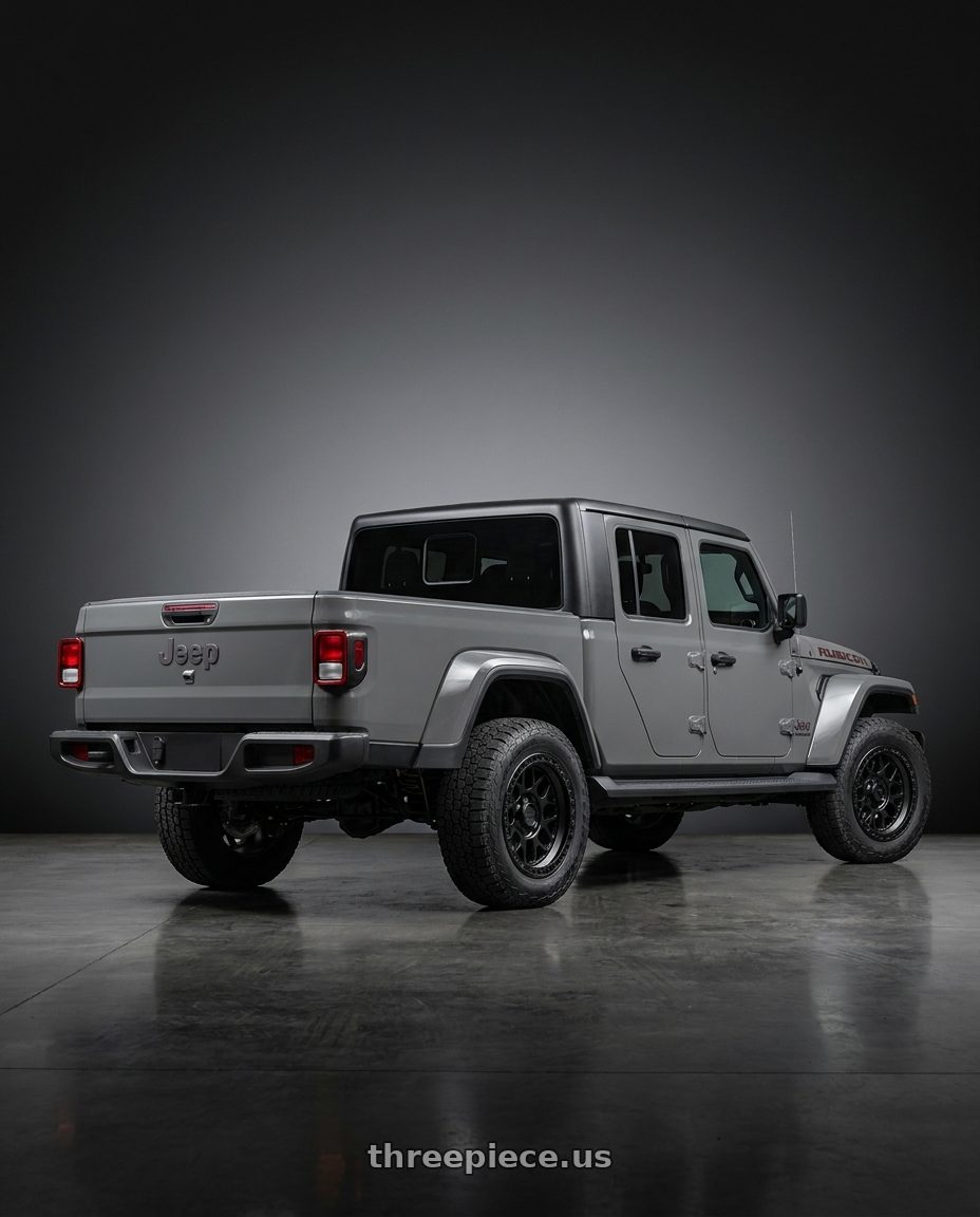 2021 Jeep Gladiator Sport with KMC KM549 GRS 5X127 20X9 +18 SATIN BLACK wheels rear three quarter view square tires