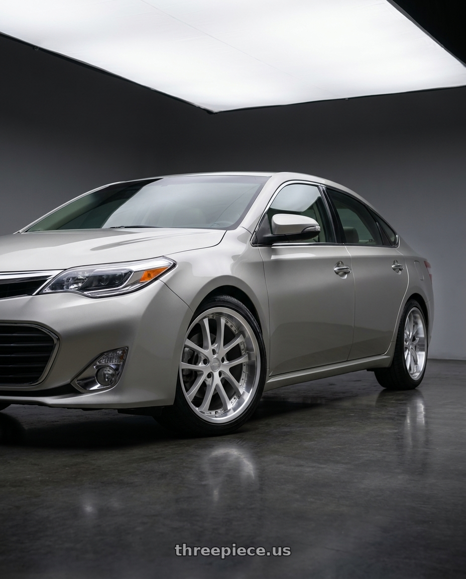 2013 toyota avalon with Vors AR5 5x114.3 19x9.5 +35 Silver Machine Face Lip Chrome Rivet wheels front three quarter view stock stance