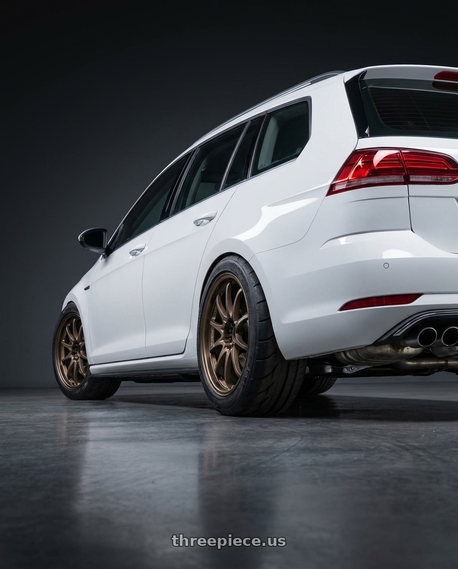 2019 VW Golf Sportwagen R Line, Pure White with Volk Racing CE28N 5x114.3 18x8.5 +30 BRONZE wheels rear three quarter view meaty tires