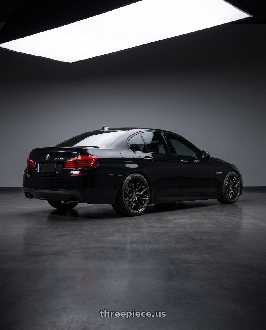 2010 bmw m550i with Brada FR80 5x112 20x9 +45 Satin Black wheels rear three quarter view square tires