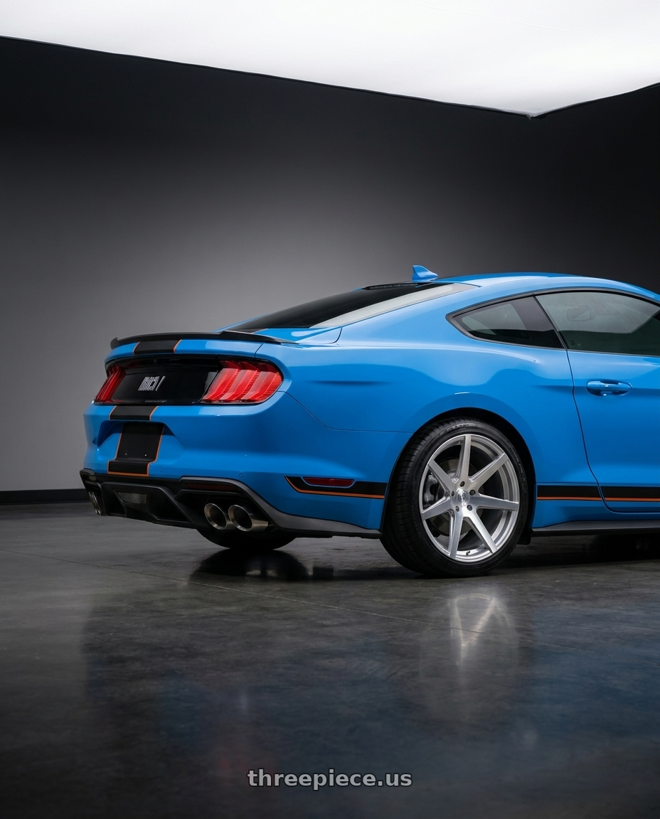 2021 Ford Mustang Mach 1 with Rohana RC7 5x114.3 19x9.5+40 Machine Silver wheels rear three quarter view square tires