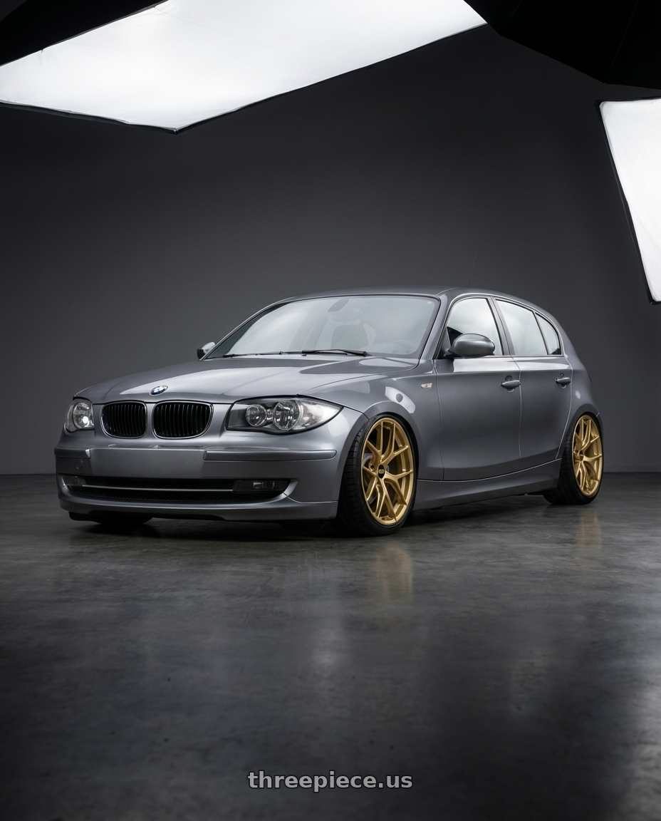 2012 BMW 1 Series E82 with BBS FI-R 5x120 19x10.5+35 Gold wheels front three quarter view stanced stance