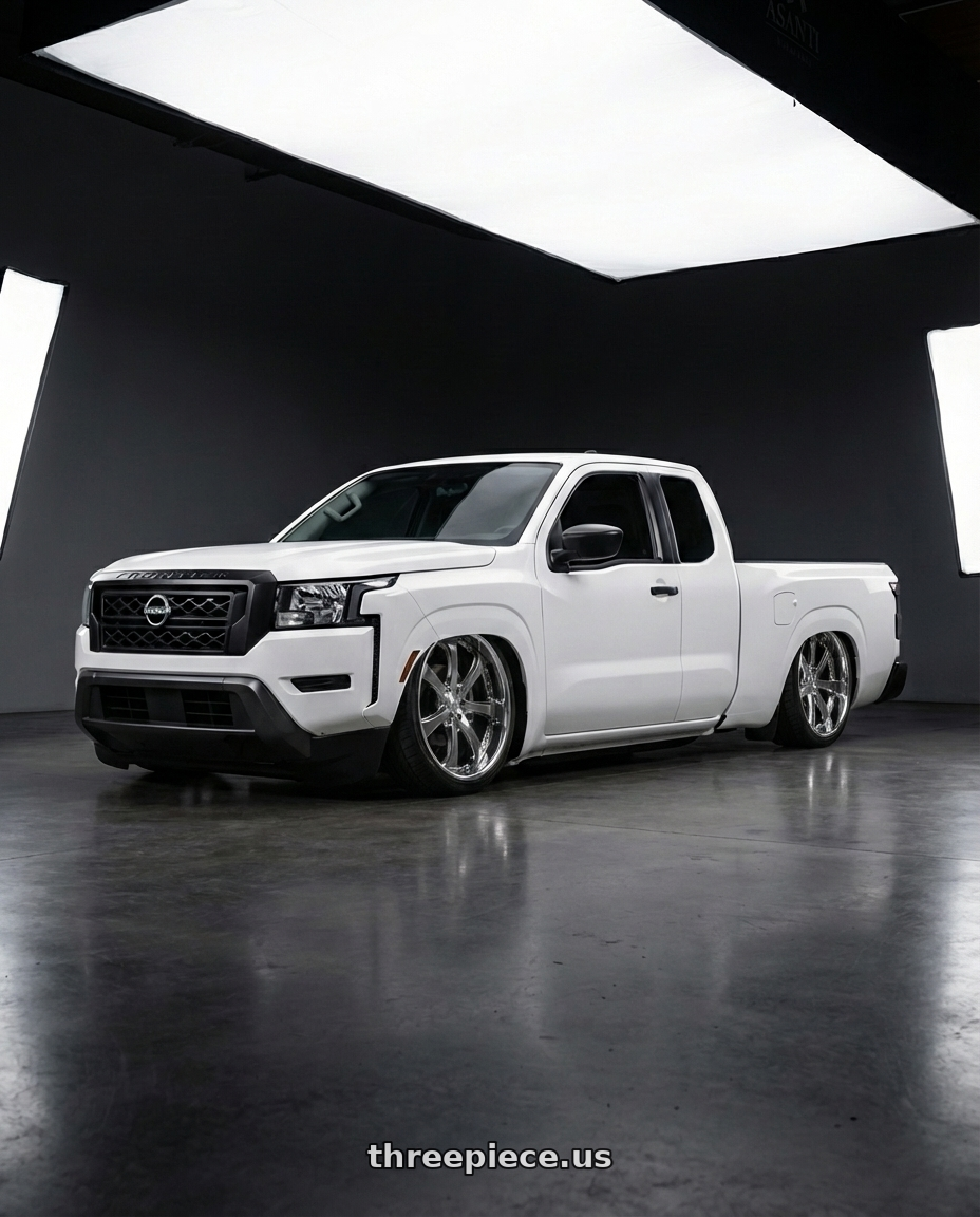 Nissan frontier 2025 kingcab white with Work Wheels VS-KF 5X114.3 19x9-17 Brilliant Silver Black O Disk FULL REVERSE wheels