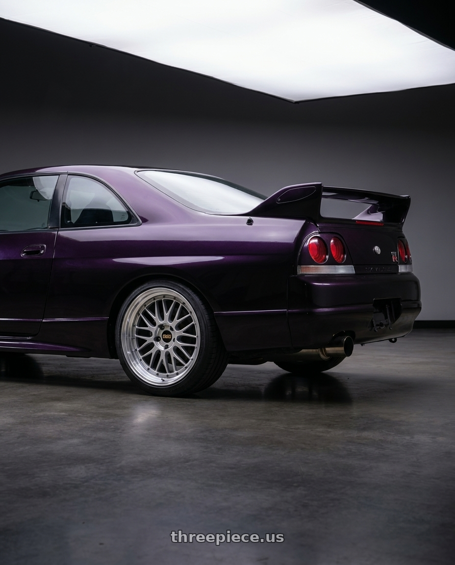 1995 nissan skyline GTR Vspec with BBS LM 5x114.3 17x7.5+38 Diamond Silver wheels rear three quarter view square tires