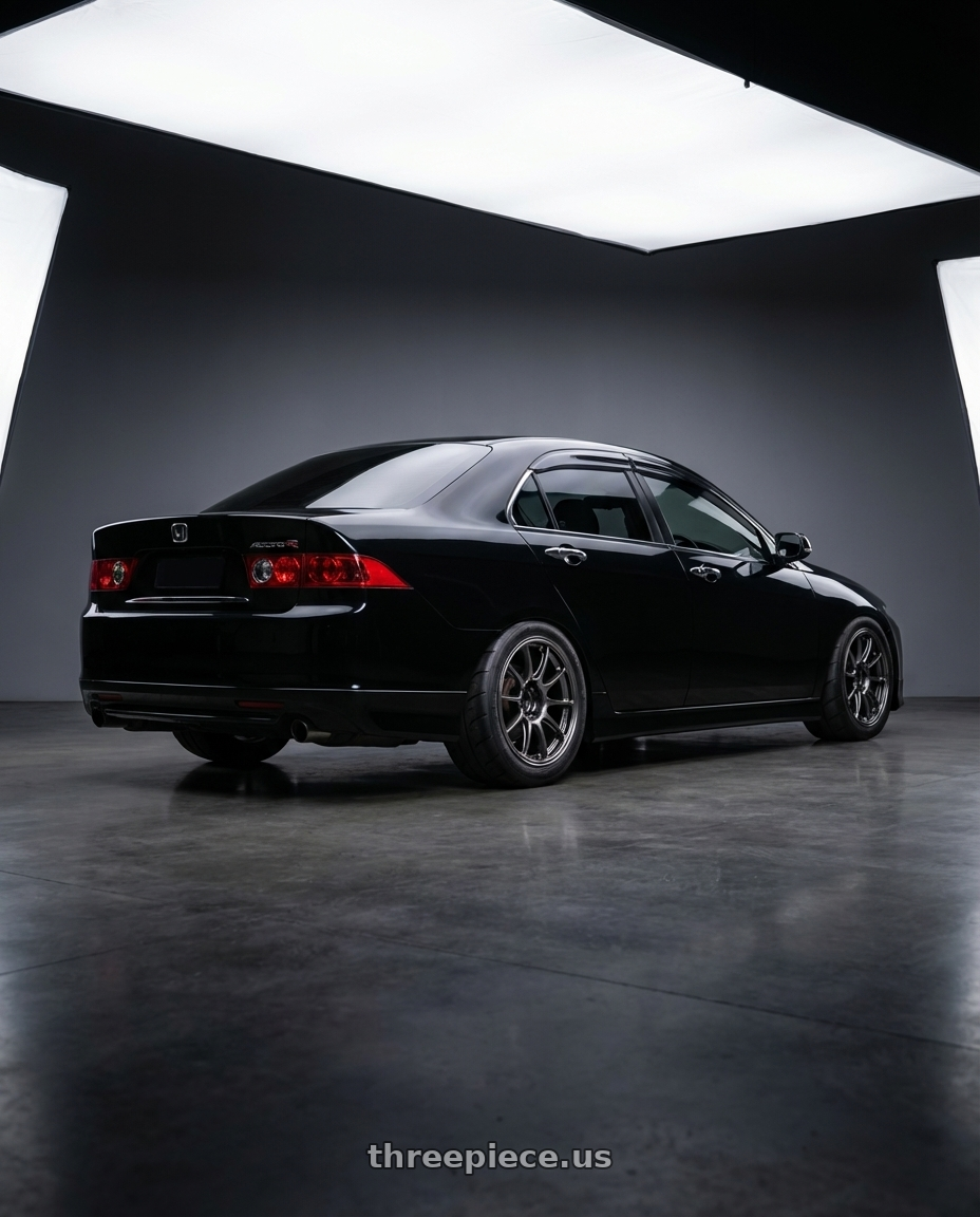 2006 Honda Accord Euro R Black with WedsSport TC105X Forged 5x114.3 18x8.5+32 Face 1 / EJ-TI wheels rear three quarter view meaty tires