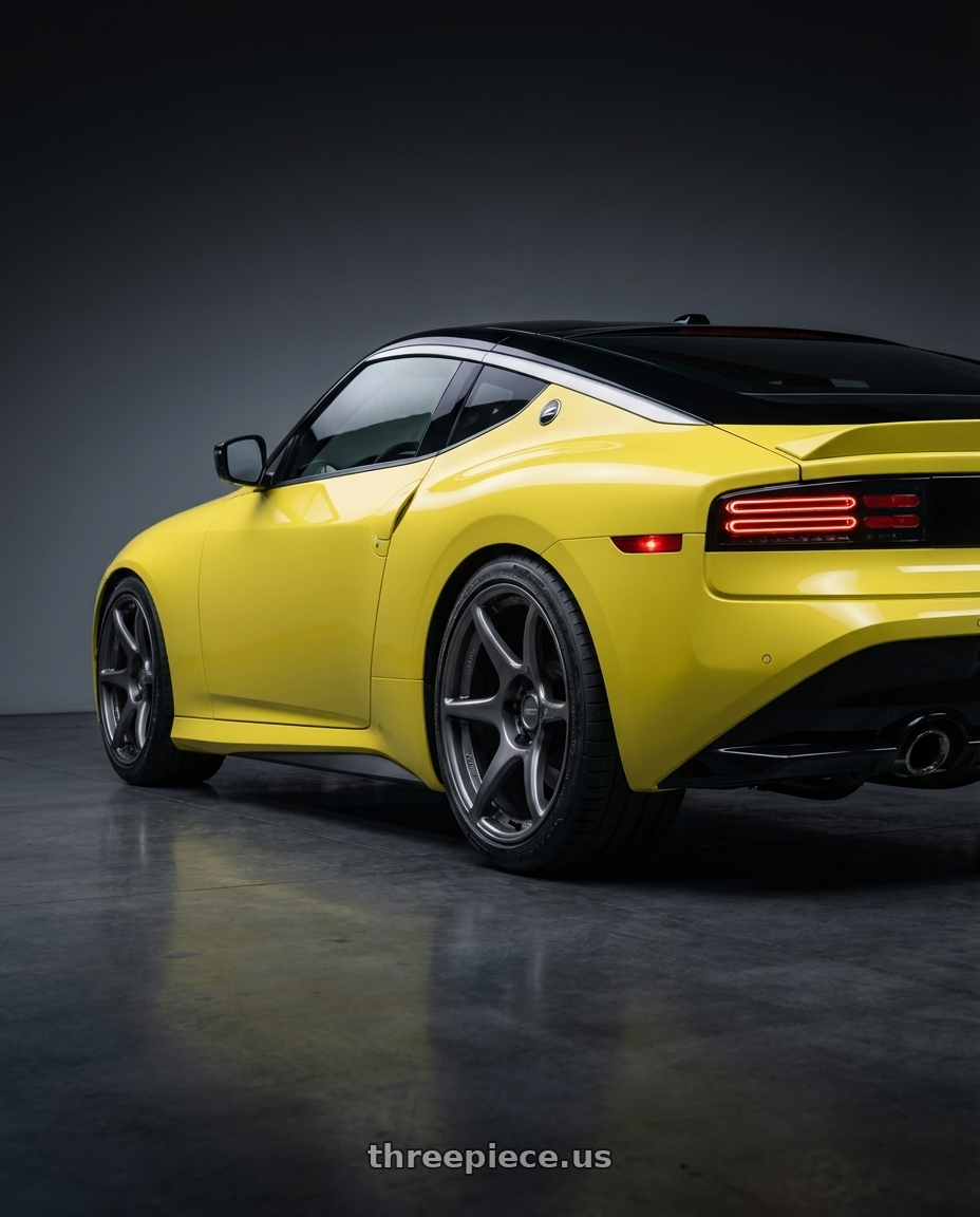 2024 Nissan Z with Kansei K11G Tandem 5x114.3 19x10.5 12 Gunmetal wheels rear three quarter view square tires