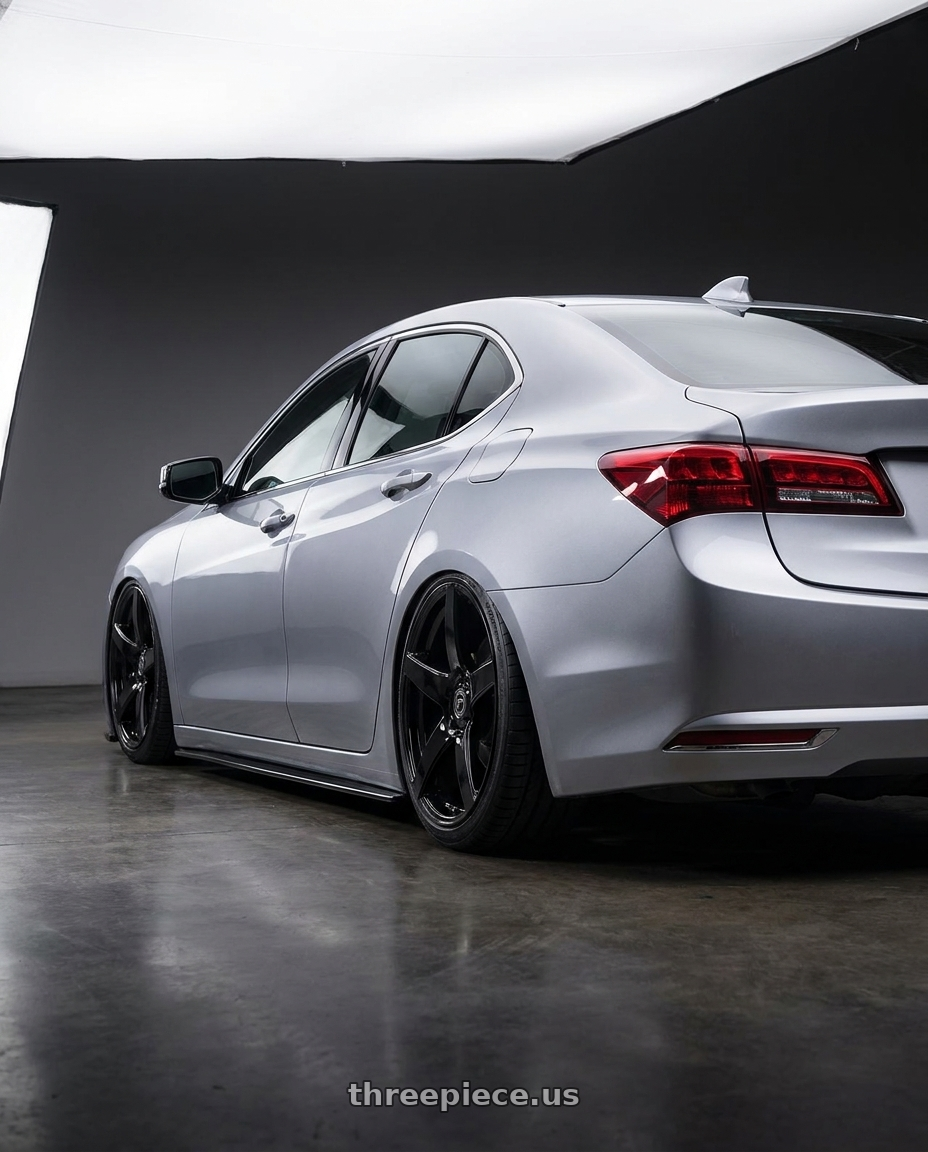 2019 Acura TLX with Forgestar CF5 5x114.3 20x9 +35 Gloss Black wheels rear three quarter view slight stretch tires
