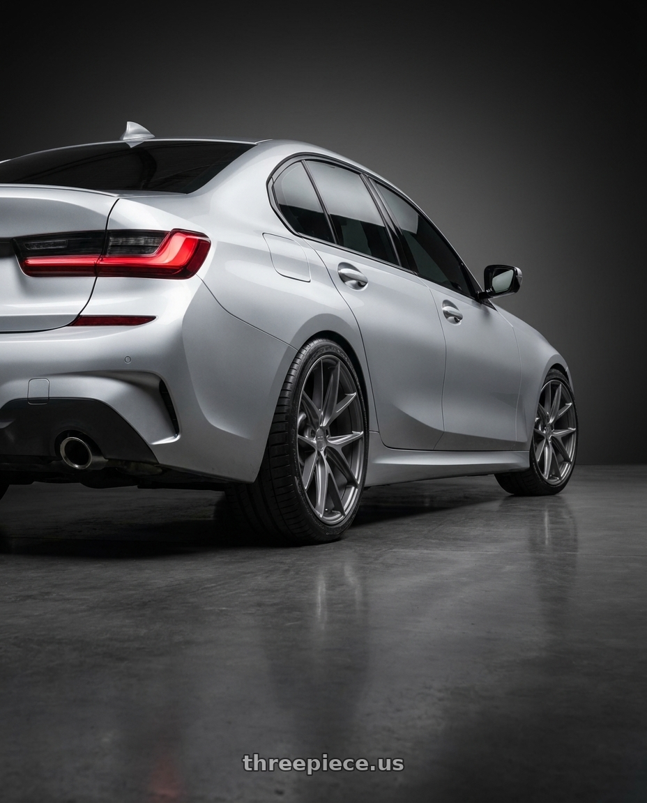 2023 BMW 3 Series G20 with Niche 1PC M116 MISANO 5X112 19X8.5 +42 MATTE GUN METAL wheels rear three quarter view square tires