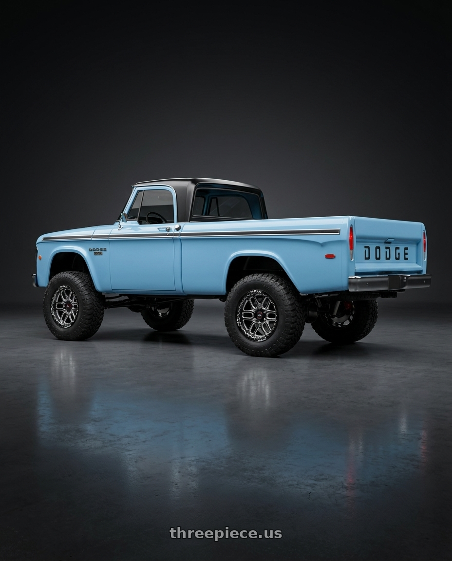 1968 Dodge d100 with WELD Street Performance Laguna 6 Beadlock 6x139.7 20x10 +38 Gloss Black/Milled Diamond Cut Lip wheels rear three quarter view meaty tires