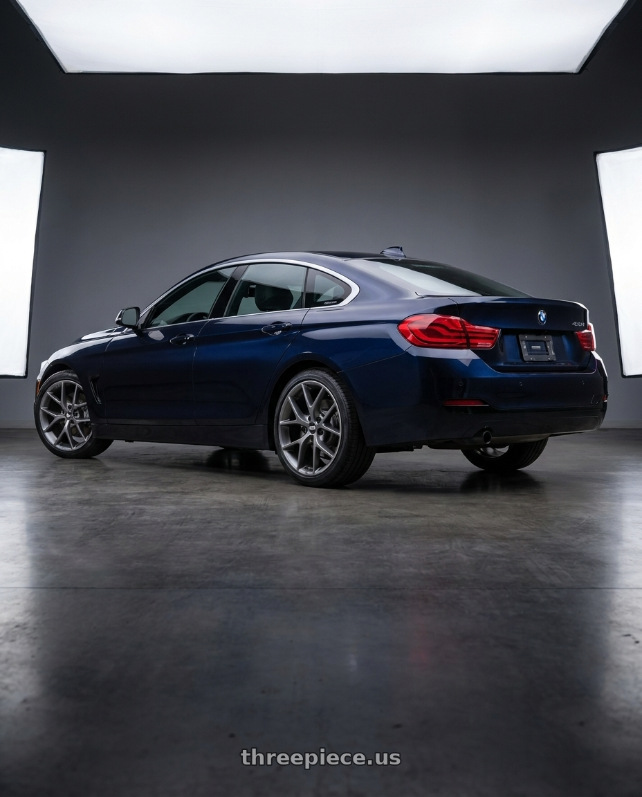 2020 BMW 4 Series 430i with BBS SR 5x120 19x8.5+32 Satin Himalaya Grey wheels rear three quarter view square tires