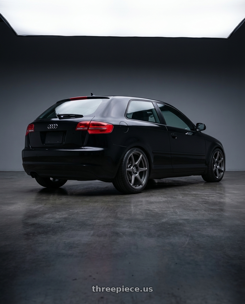 2012 Audi A3 8P with Kansei K11G Tandem 5X112 18x8.5 35 Gunmetal wheels rear three quarter view square tires