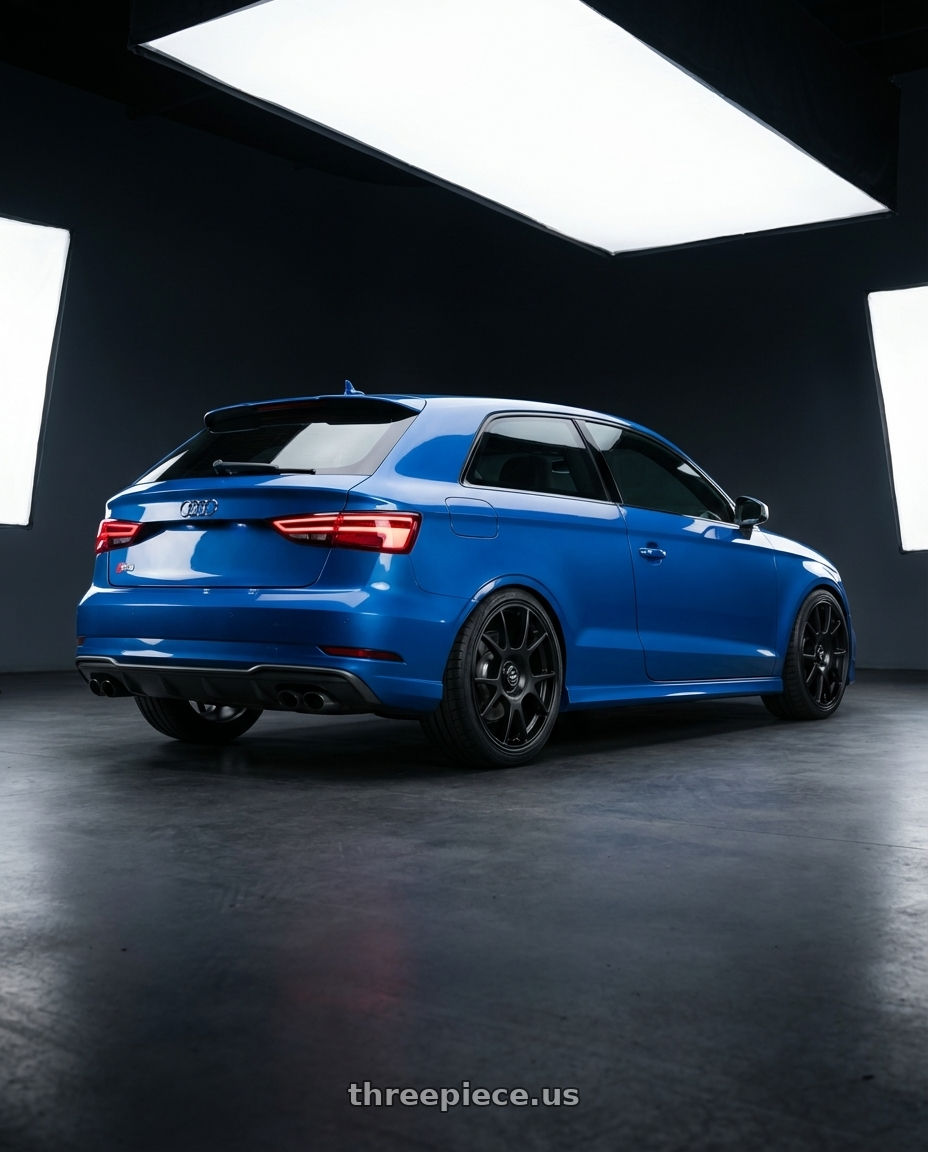 2019 Audi S3 8V with fifteen52 COMP 5x112 / 5x120 18x8.5 +35 ASPHALT BLACK (SATIN BLACK) wheels rear three quarter view square tires