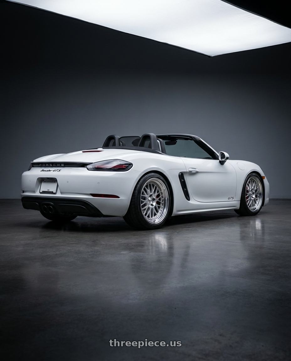 2018 porsche boxer gts white with Work Meister M1 3p 5x130 18x10.5+46 H Disk Silver wheels rear three quarter view square tires