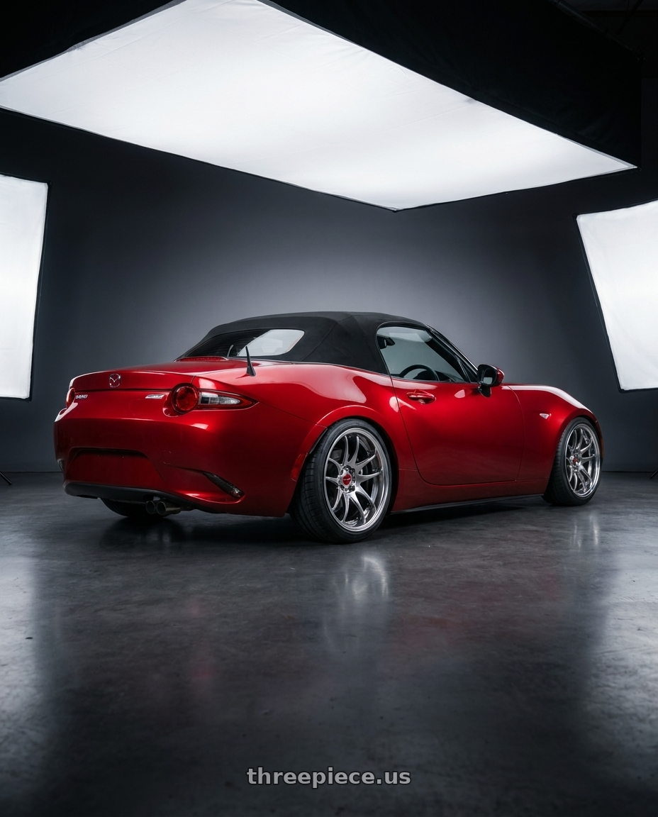 2024 mazda mx5  with Work Cr 2P 4x100 17x8.0 +38 GT Silver wheels rear three quarter view square tires