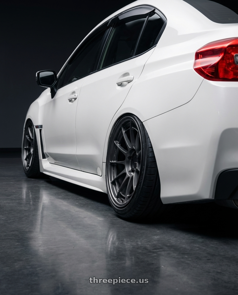 2018 Subaru wrx  with Enkei NT03RR 5x114.3 18x9.5+27 Gunmetal wheels rear three quarter view extreme stretch tires