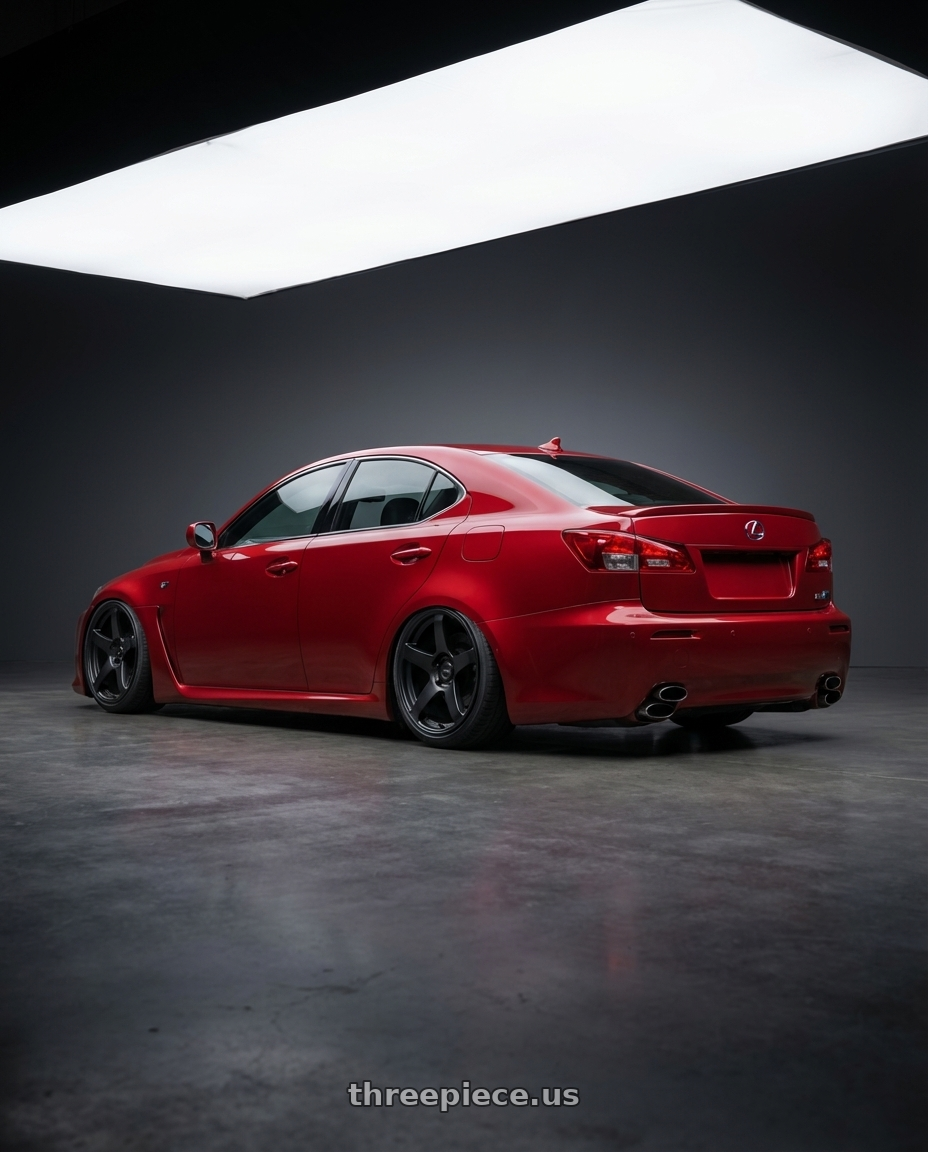 2012 Lexus IS-F with Ssr Gtv01 5x114.3 19x8.5+38  FLAT BLACK wheels rear three quarter view slight stretch tires