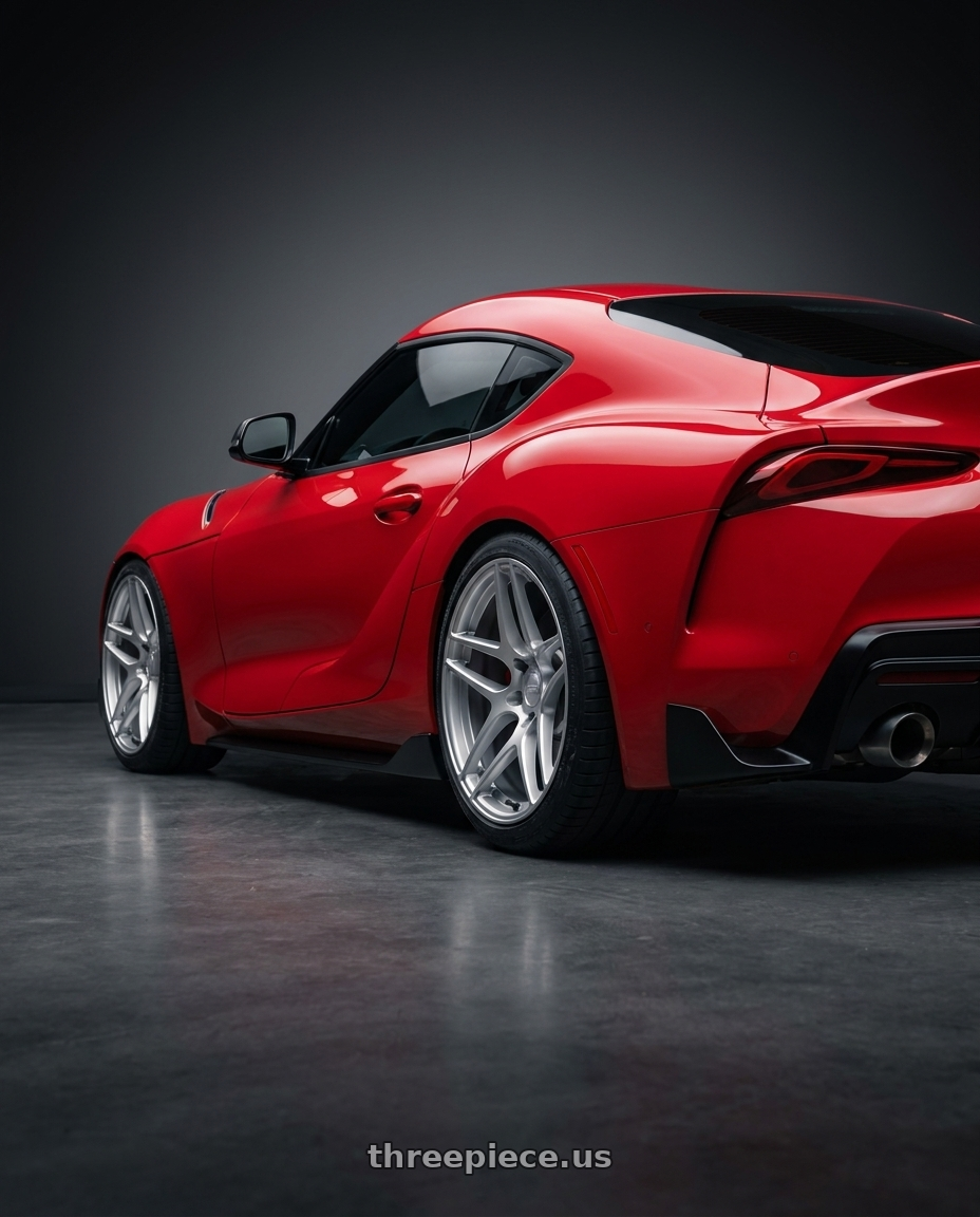 2020 Toyota GR Supra with Kansei K15H Astro 5X112 19x10.5 35 Hyper Silver wheels rear three quarter view square tires