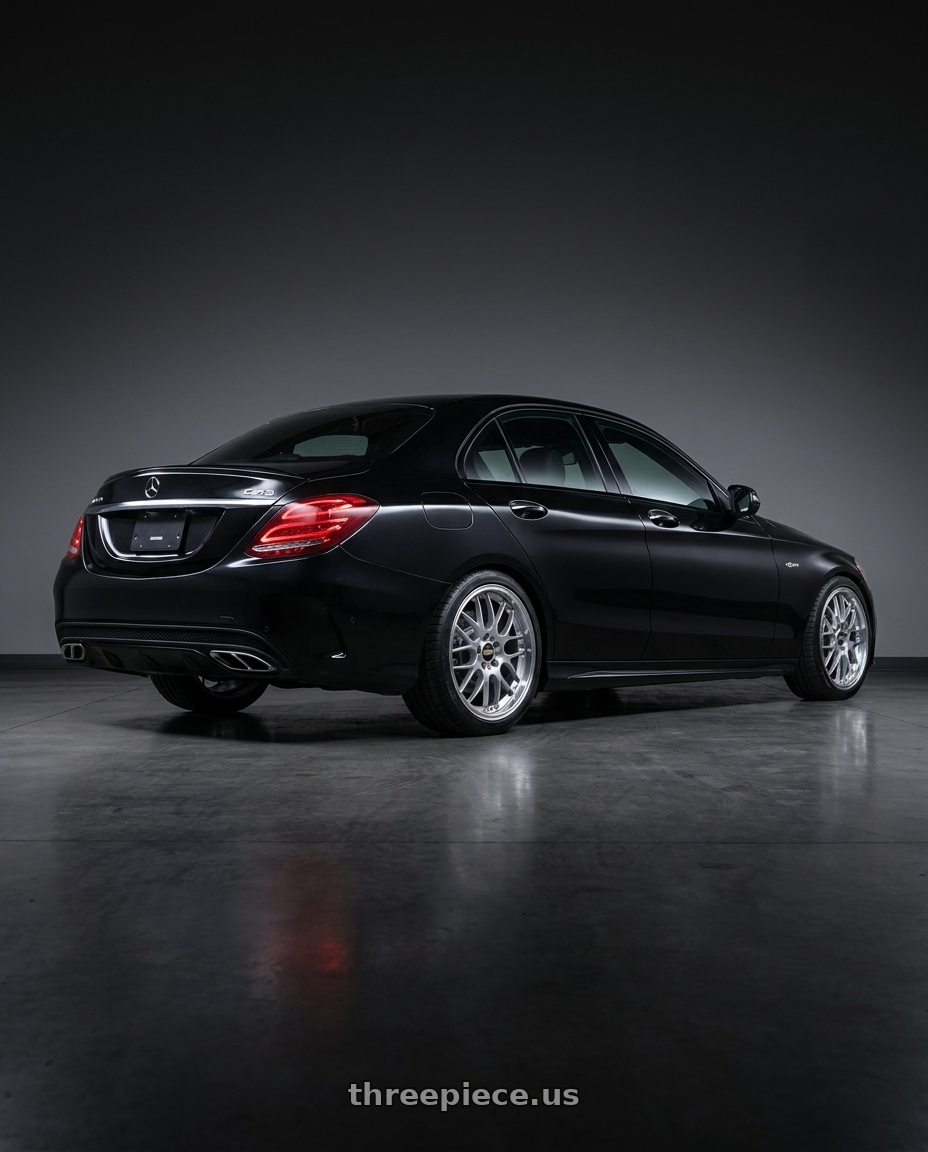 2018 mercedes benz c43 amg with BBS RS-GT 5x112 19x8.5+30 Diamond Silver wheels rear three quarter view square tires