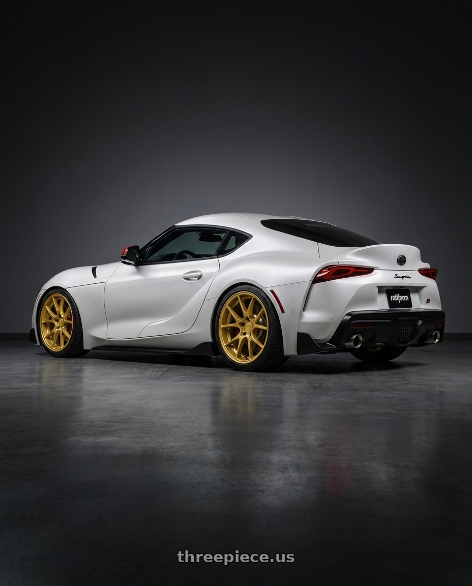 2026 toyota GR supra final with Rotiform 207 5x112 19x10.5 +35 GLOSS GOLD wheels rear three quarter view square tires