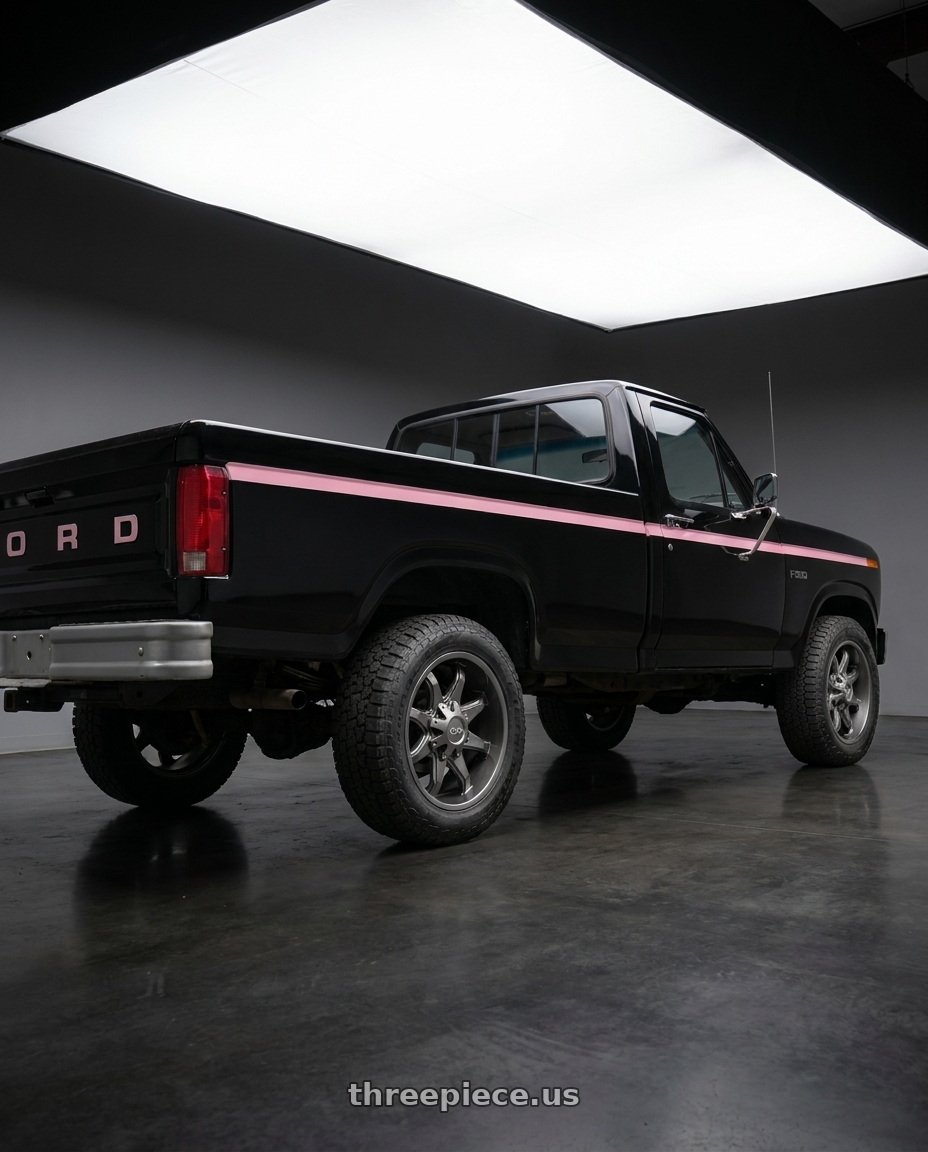 1985 Ford F-250 with Ion Type 181 8x165.1 17x9+18 Graphite wheels rear three quarter view square tires