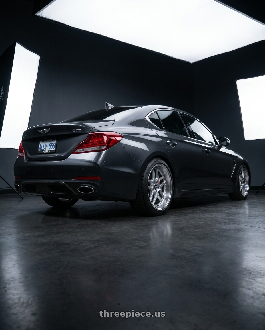 2019 Genesis G70 with ESR Wheels CS SERIES CS15 5x100 18x10.5 +22 Hyper Silver wheels rear three quarter view slight stretch tires