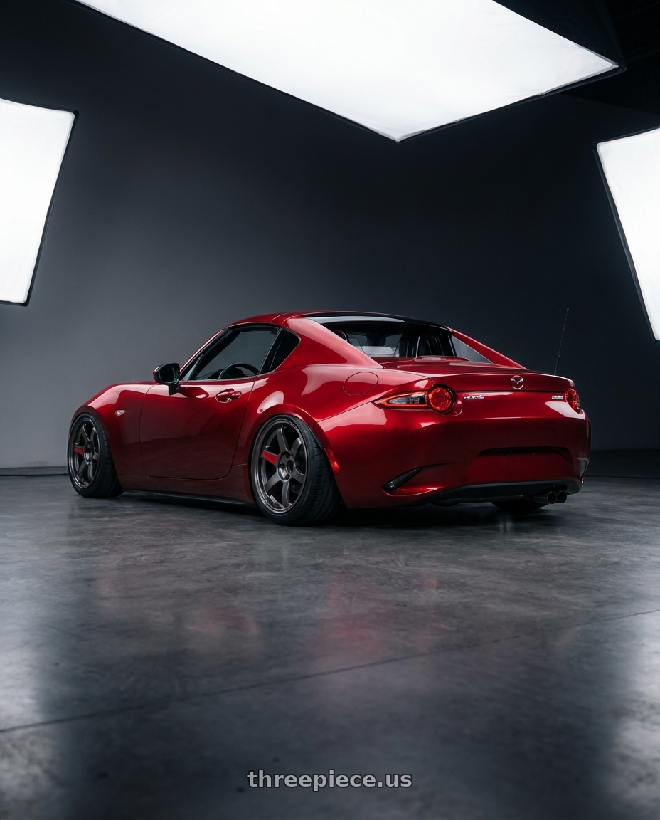 2018 Mazda Mx-5 with Volk Racing TE37 Saga SL 5x114.3 17x8.0+37 Pressed Graphite wheels rear three quarter view meaty tires