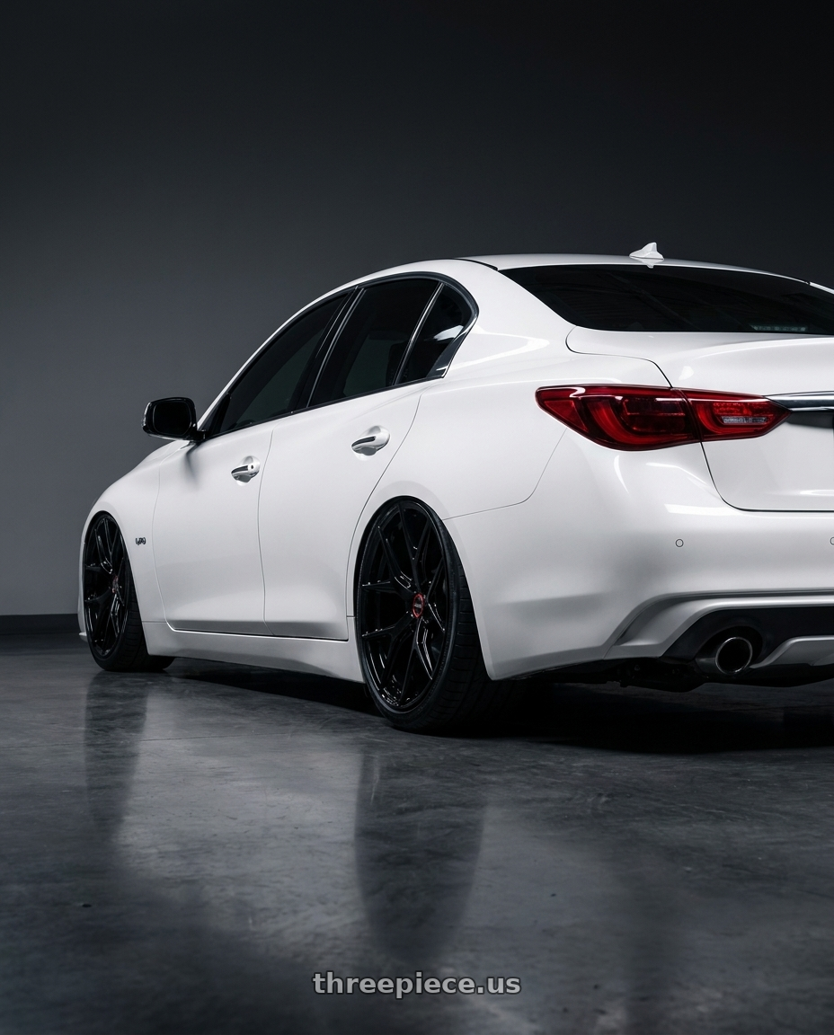 2020 Infiniti Q50 with Vossen HF-5 20x10.5 / 5x114.3 / ET45 / Deep Face / 73.1 -GB - Gloss Black Wheel - HF5-0N10 wheels rear three quarter view slight stretch tires