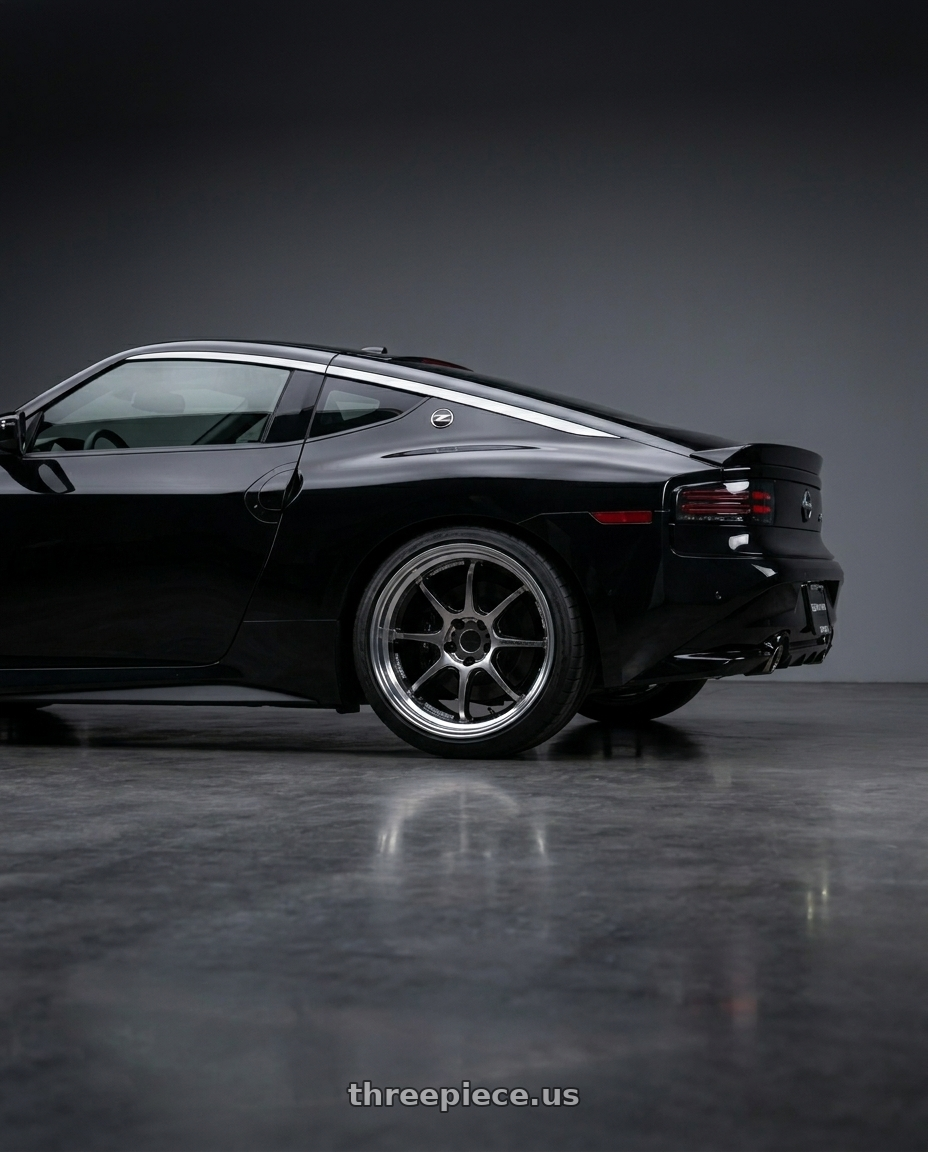 Nissan Z Performance 2024 with Work Emotion D9r 5x114.3 19x10.5 +15 Gt Silver Rim Cut wheels rear three quarter view square tires