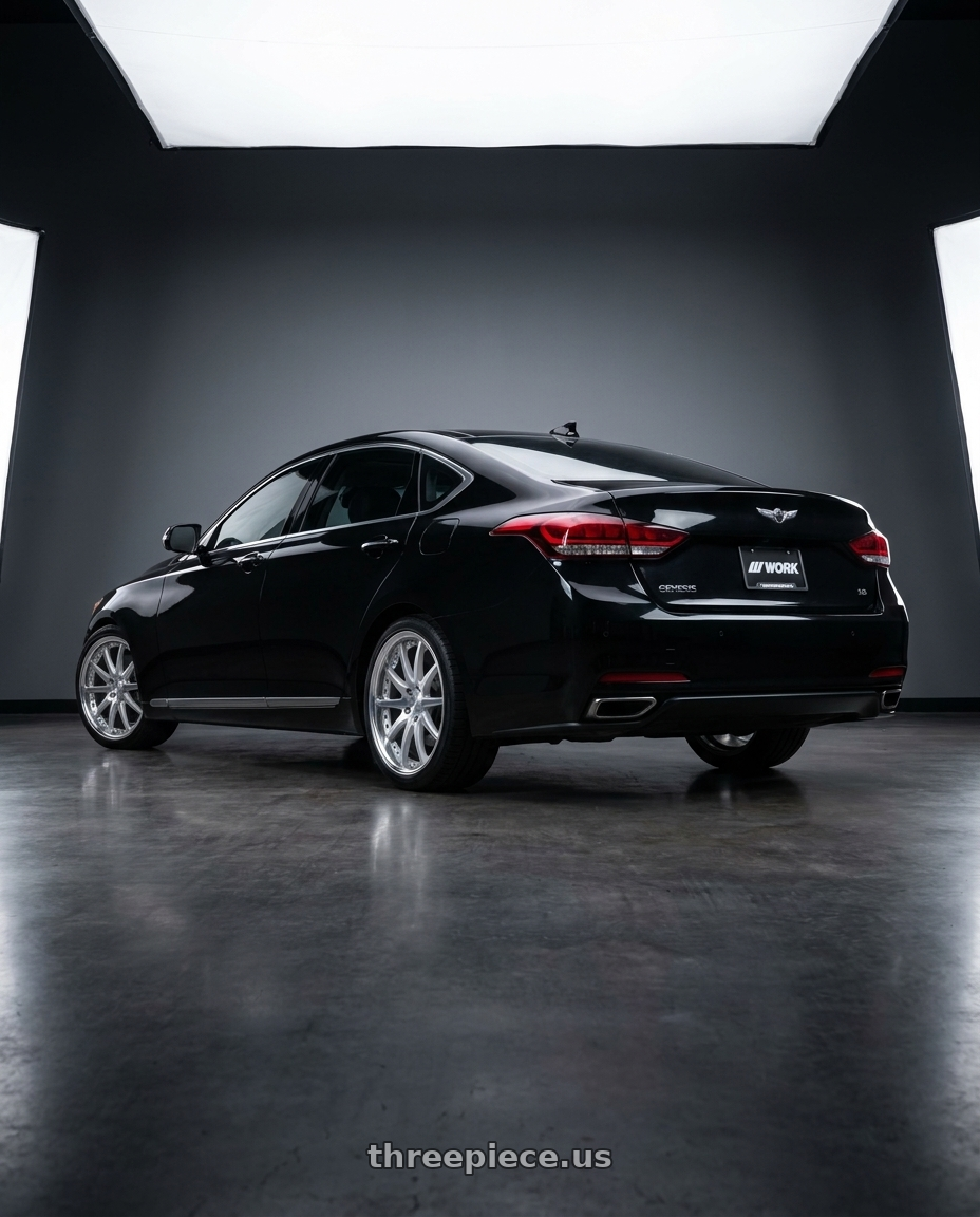 2016 hyundai genesis 3 8 with Work Gnosis Cvs 5x114.3 19x8.5+38 A Disk Brush Silver Clear wheels rear three quarter view square tires
