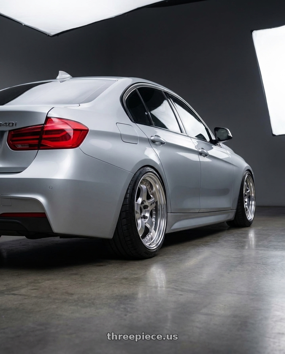 2017 BMW 340i with Work Meister S1 3P 5x120 18x8.5+35 L Disk Bright Buff Finish wheels rear three quarter view meaty tires