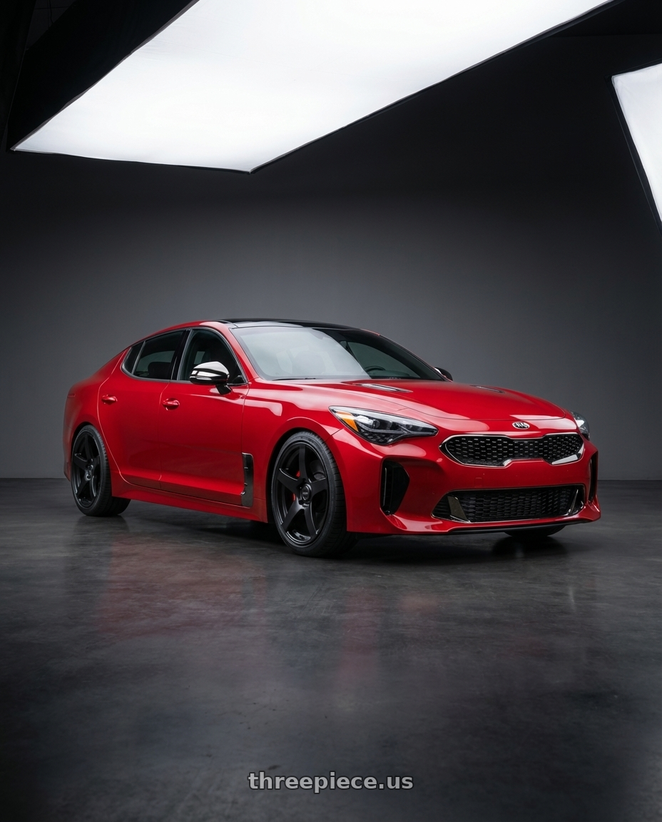 2022 Kia Stinger GT with Ssr Gtv01 5x114.3 19x8.5+38  FLAT BLACK wheels front three quarter view lowered stance