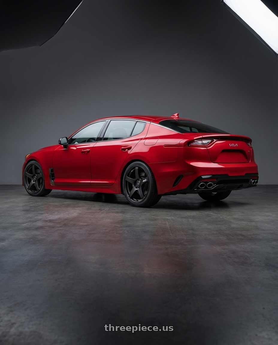 2022 Kia Stinger GT with Ssr Gtv01 5x114.3 19x8.5+38  FLAT BLACK wheels rear three quarter view square tires