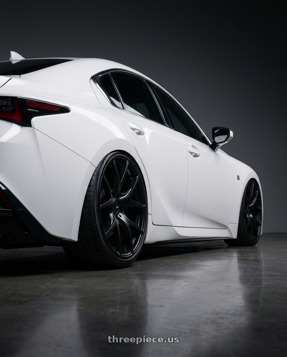 2024 Lexus IS 350 with Ssr Gtv03 5x114.3 19x8.5+38  FLAT BLACK wheels rear three quarter view slight stretch tires