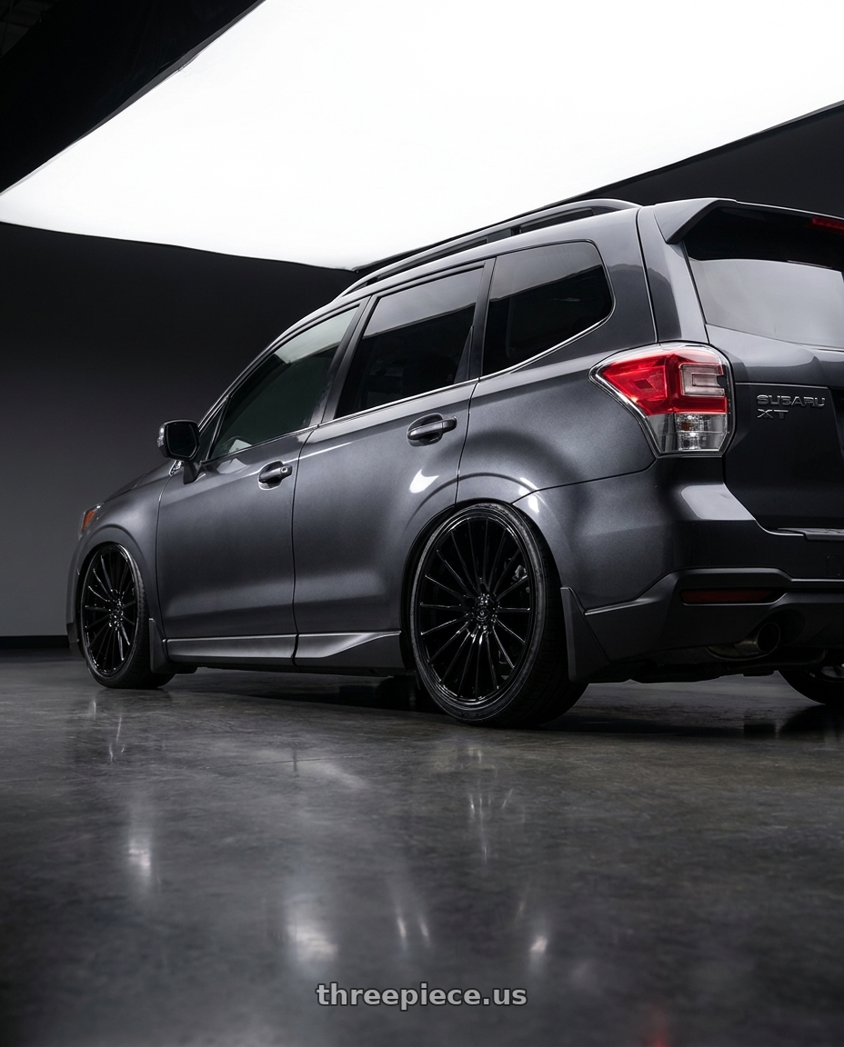 2017 Subaru forester xt dark grey metallic with DOLCE PERFORMANCE GHOST 5x114.3 20x8.5 +38 Gloss Black wheels rear three quarter view slight stretch tires