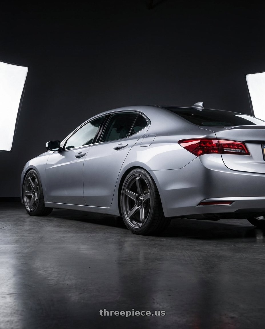 2019 Acura TLX with Konig Neoform 5X114.3 19x10.5+20 Matte Grey wheels rear three quarter view square tires