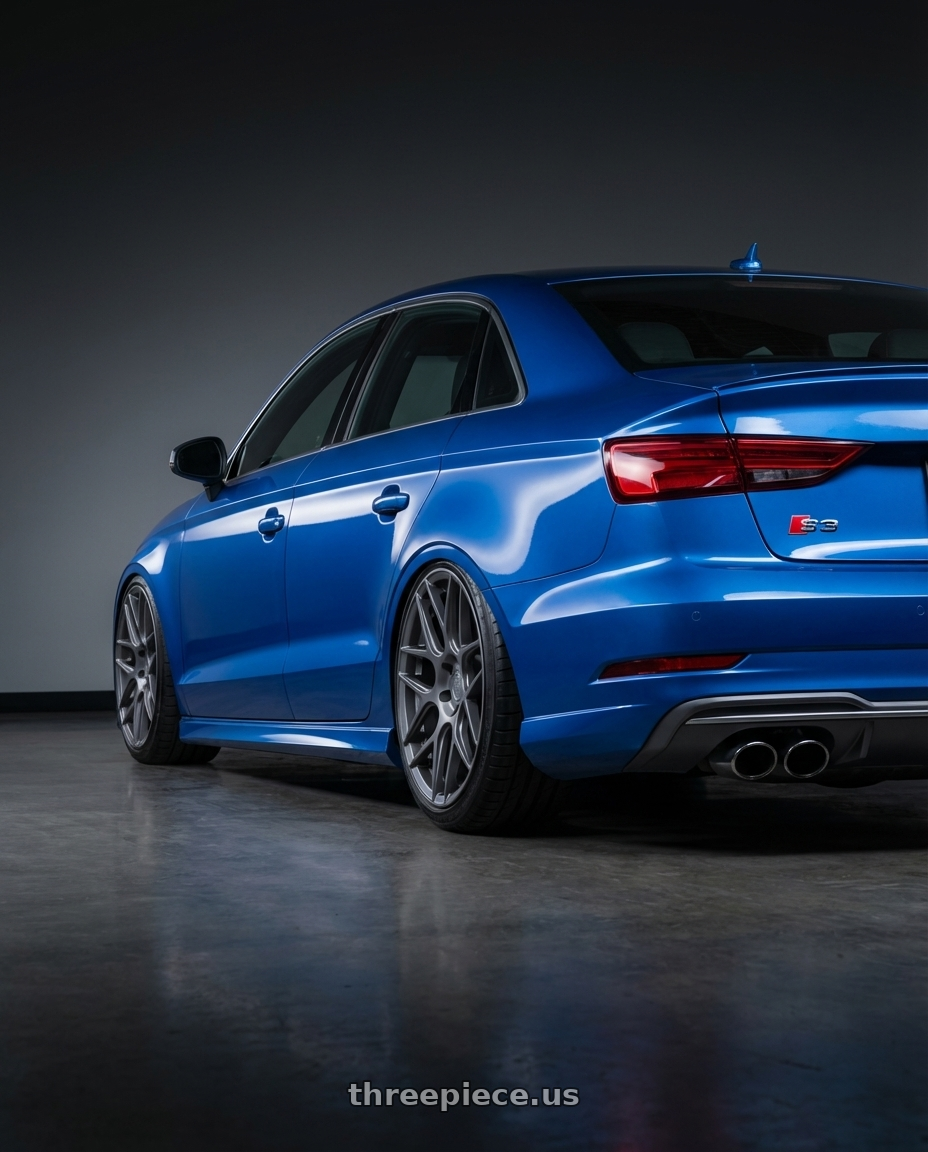 2019 Audi S3 8V with Aodhan AFF2 5x112 19x9.5+35 Matte Gray wheels rear three quarter view slight stretch tires