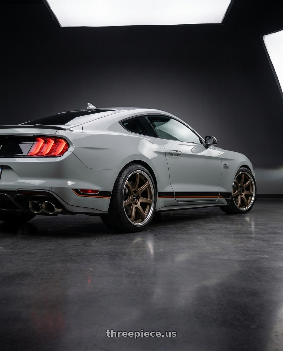 2021 Ford Mustang Mach 1 with Work T7r 2P 5x114.3 20x8.5 +38 Matte Bronze wheels rear three quarter view square tires