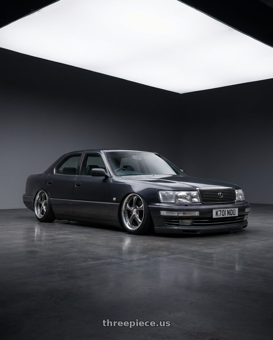 1993 Lexus LS400 with Work Wheels VS-KF 5X114.3 19x8.5+34 Brilliant Silver Black A Disk FULL REVERSE wheels front three quarter view slammed stance