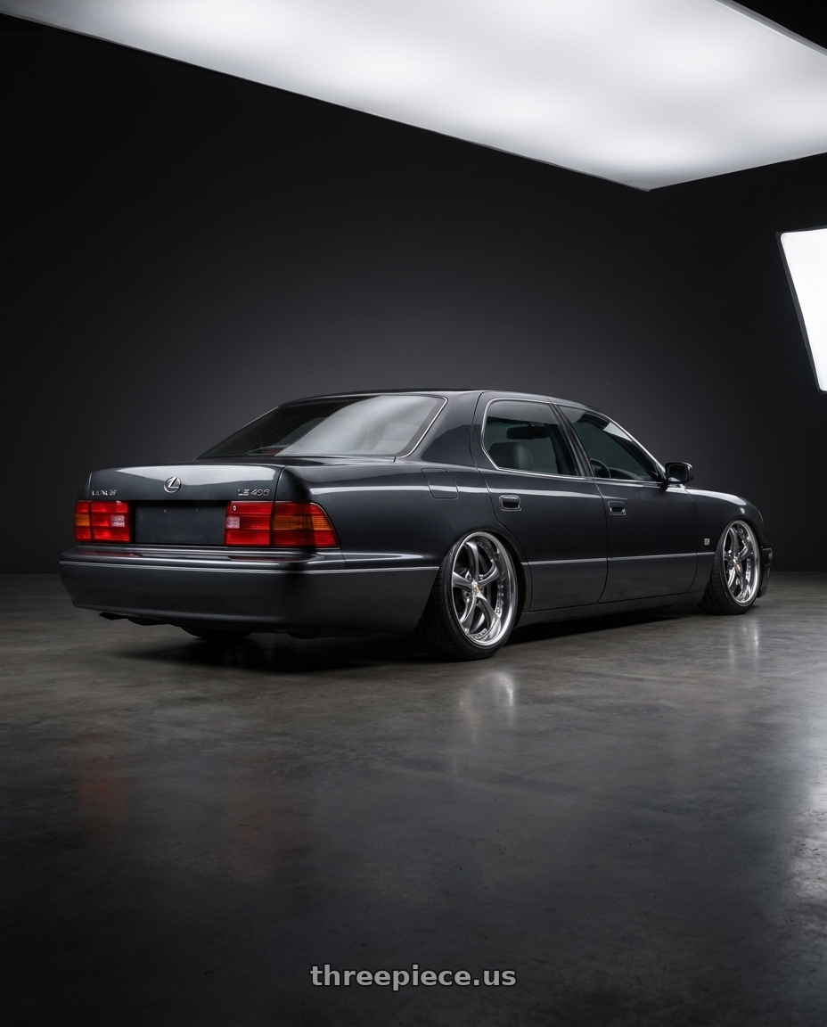 1993 Lexus LS400 with Work Wheels VS-KF 5X114.3 19x8.5+34 Brilliant Silver Black A Disk FULL REVERSE wheels rear three quarter view slight stretch tires