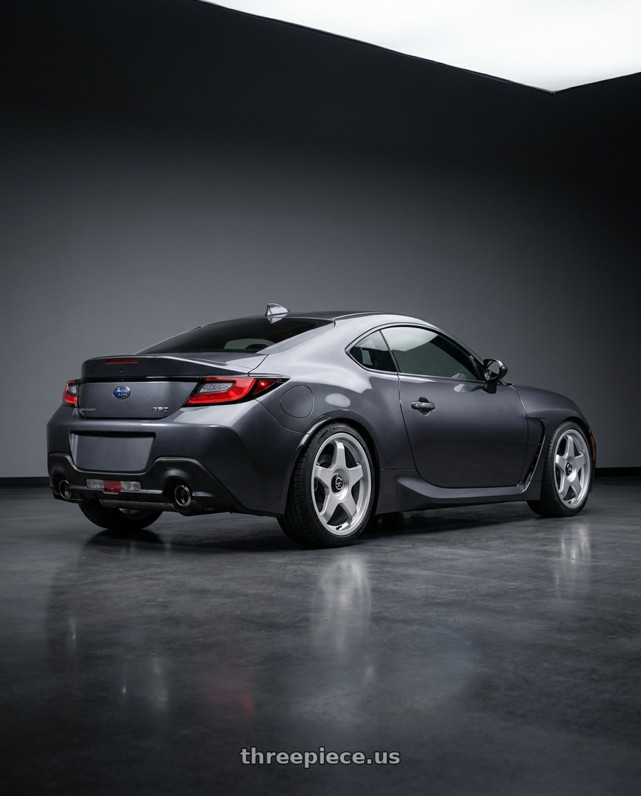 2023 Subaru BRZ premium Magnetite grey  with fifteen52 CHICANE 5x100 / 5x114.3 17x7.5 +40 SPEED SILVER (GLOSS SILVER) wheels rear three quarter view square tires