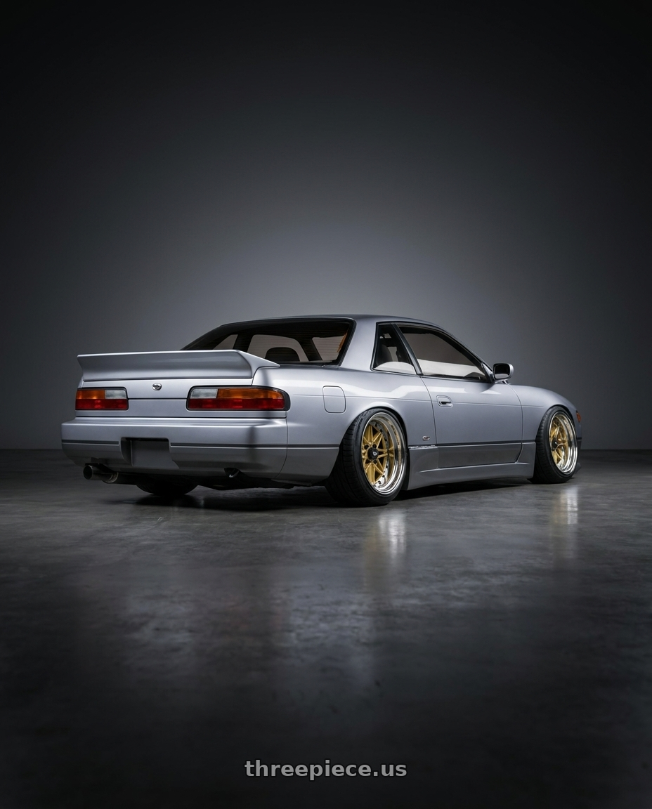 1992 Nissan Silvia  with WORK Equip 03 4x100 15x12 -3 GOLD wheels rear three quarter view slight stretch tires