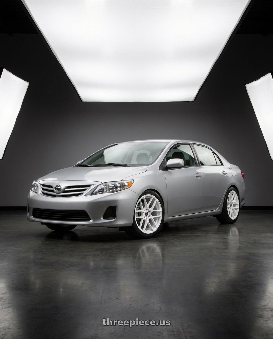 2013 Toyota Corolla with Spec-1 SP-78 5x100/5x114.3 17x7.5 +35 All White wheels front three quarter view lowered stance