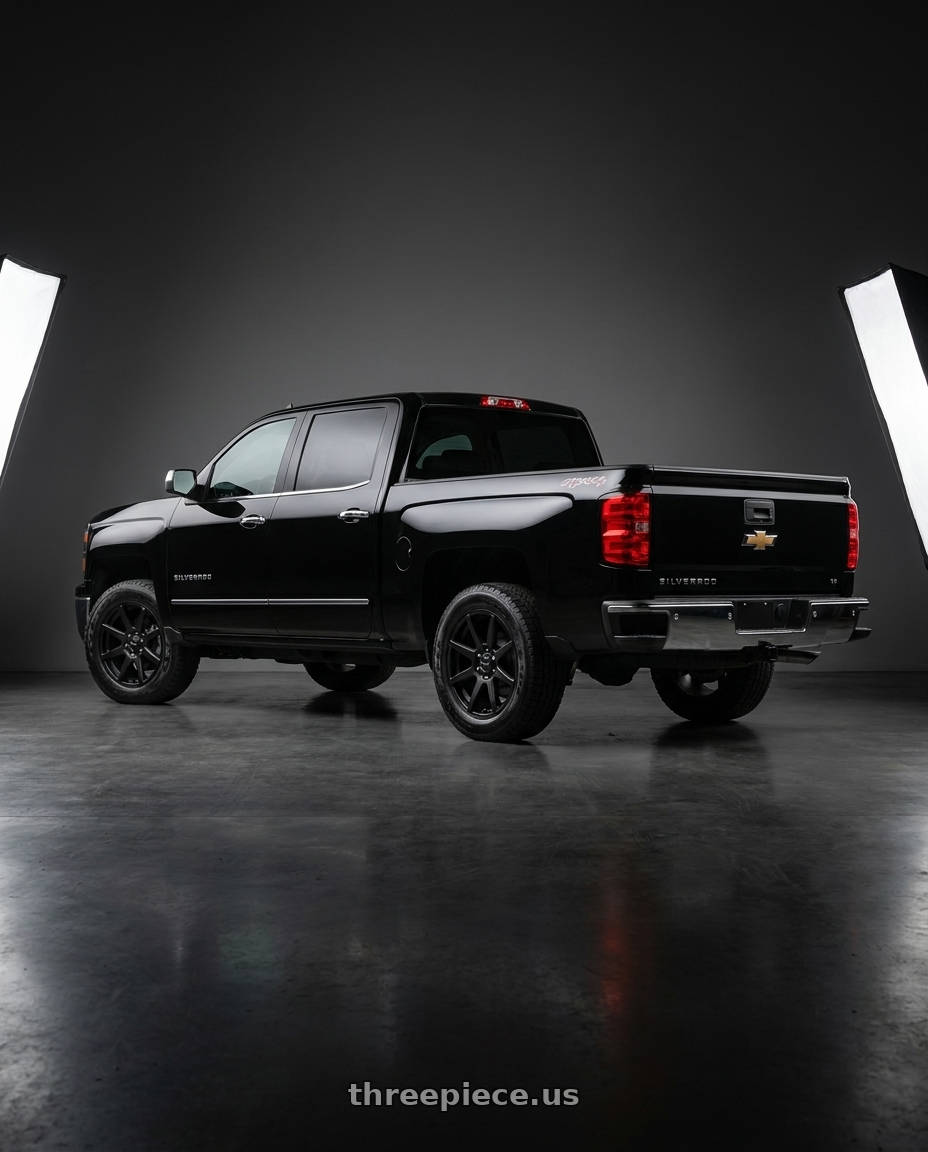 2016 chevy silverado 1500 with Raceline 131B Evo Black 5X112/5X120 17x7.5 20 Satin Black wheels rear three quarter view square tires
