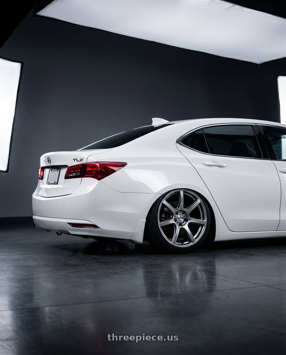 2015 Acura TLx base 2 with Work Emotion T7r 5x114.3 18x7.5 +43 Gt Silver wheels rear three quarter view square tires