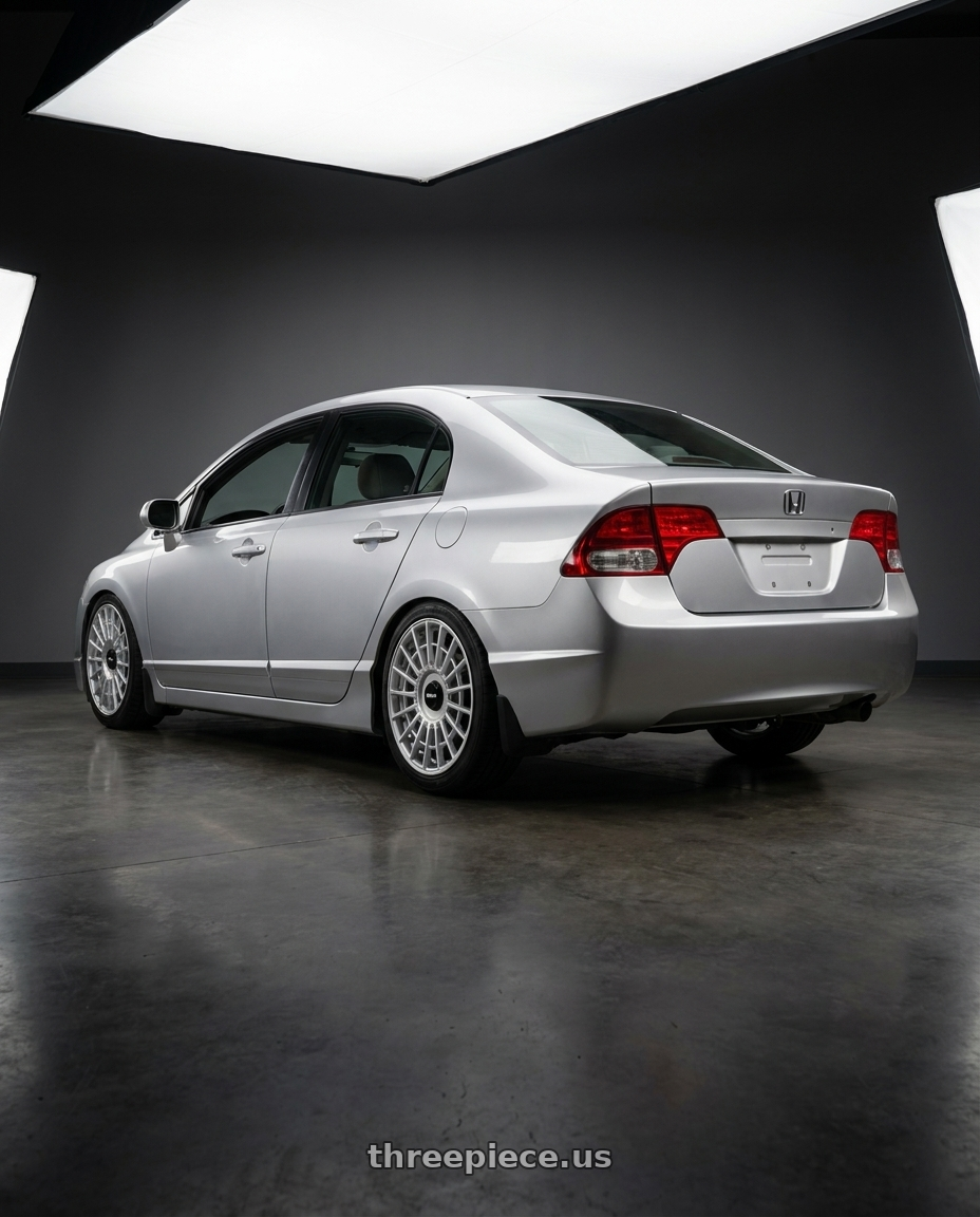 2007 Honda Civic with Rotiform 1PC R134 FLG 5X120 18X8.5 +35 GLOSS SILVER wheels rear three quarter view square tires