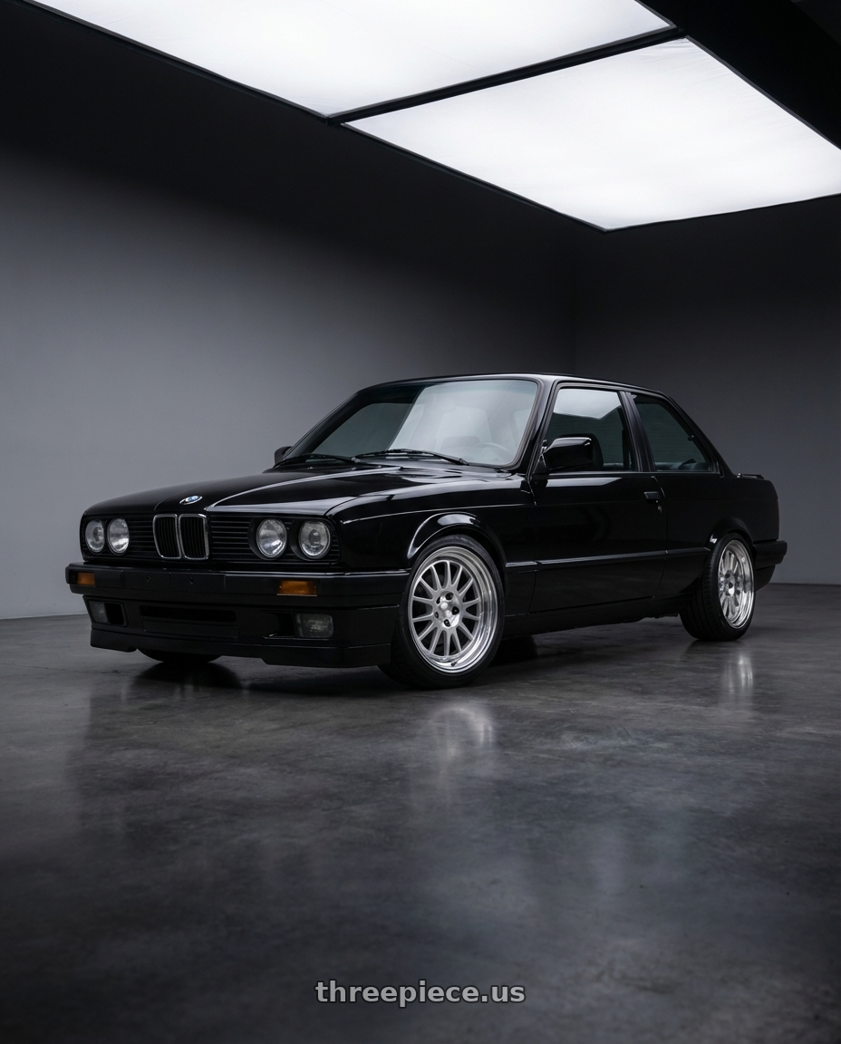 1991 bmw 325i coupe, black with Work Seeker Fx 4x100 16x6.5+22 L Disk Matte Silver Polish wheels