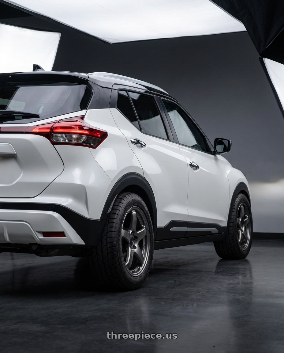 2024 Nissan Kicks with Enkei PF05 5x114.3 17x8+35 Dark Silver wheels rear three quarter view meaty tires