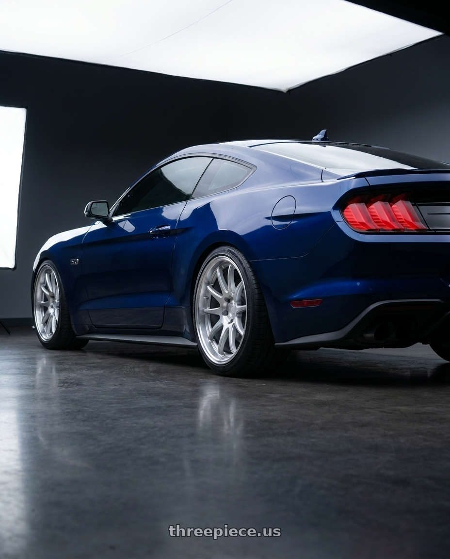 2019 ford mustang gt kona blue  with Aodhan DS02 5x114.3 18x9.5+22 Silver w/Machined Face wheels rear three quarter view square tires