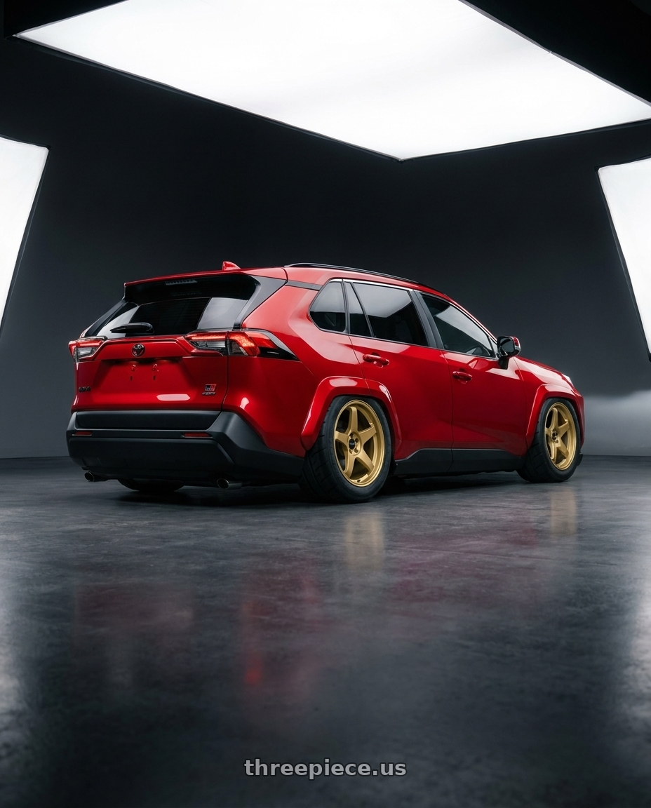 2026 Toyota Rav4 GR Sport,red with Rosenstein Wheels CR 5X108 18X8.5 +35 Gold wheels rear three quarter view meaty tires